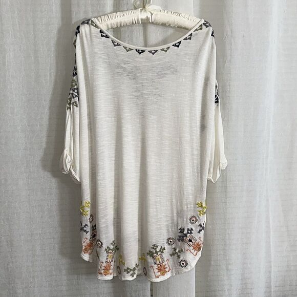 free people L Ivory Navy Peach Green Lace up Oversized Embroidered Peasant Top - Picture 4 of 14
